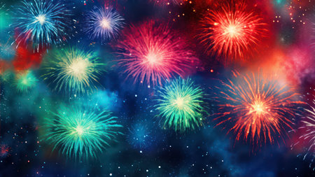 Colorful fireworks background with space for text. New Year celebration.の素材