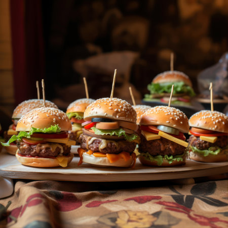 Hamburgers with beef, cheese and vegetables on wooden backgroundの素材
