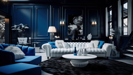 Luxury living room interior with blue sofa and armchair.の素材