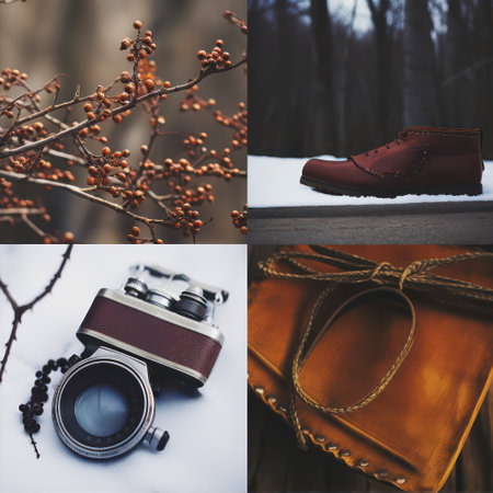 Collage of photos with a retro camera, a leather bag and berries.の素材