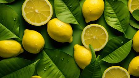 Lemons and lemons with green leaves on a green backgroundの素材