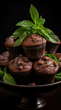 Chocolate muffins with fresh mint leaves on a black background.の素材