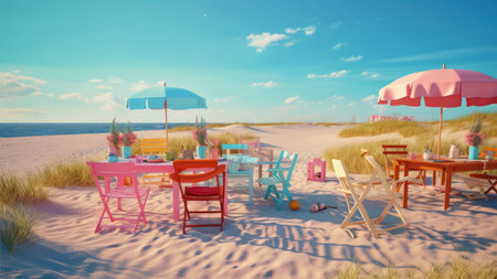 Cafe on the beach. Summer vacation concept. 3d renderingの素材