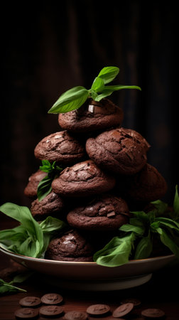 Chocolate chip cookies with fresh green basil leaves on a dark backgroundの素材
