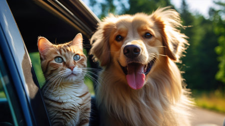 Cat and dog sitting in the car. Close-up portrait.の素材