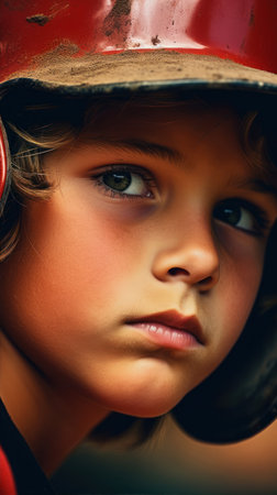 Portrait of a boy in a helmet of a firefighter. Close-up.の素材