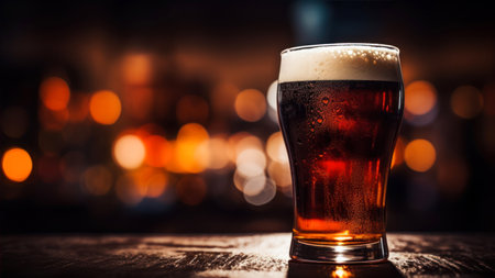 Glass of beer on a wooden table against the background of the night cityの素材