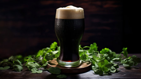 Glass of dark beer with clover leaves on dark wooden background.の素材