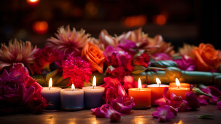 Burning candles and flowers on a wooden table. Selective focus.の素材