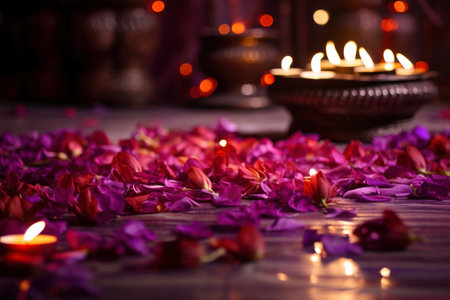 Beautiful spa composition with flowers and candles on wooden table, closeupの素材