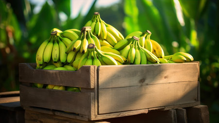 Bunch of bananas in a wooden box on a farm. Selective focus.の素材