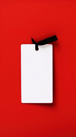 Blank paper tag on red background. Top view with copy spaceの素材
