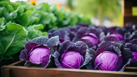 Organic Purple Cabbage in wooden box. Selective focus.の素材