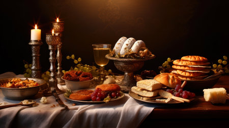 Still life with wine, bread, cheese and fruits on the tableの素材