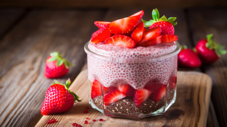 Chia seed pudding with strawberries in a glass on a wooden backgroundの素材