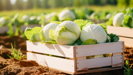 Cabbages in a wooden box on the background of the fieldの素材