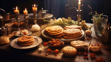 Traditional Jewish holiday of Sukkot. Seder plate with honey and cookiesの素材