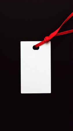 Blank price tag with red ribbon on black background, copy spaceの素材