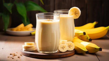 Banana smoothie in a glass and fresh bananas on a wooden backgroundの素材