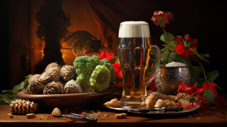 Beer in a glass on an old background. Still life with beer.の素材
