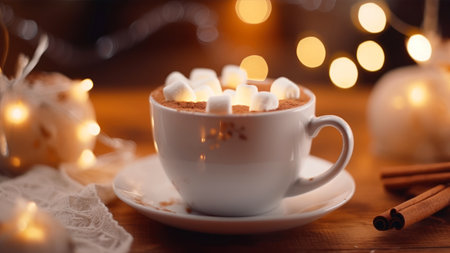 Cup of hot cocoa with marshmallows and cinnamon on wooden tableの素材