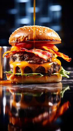 Delicious hamburger with cheese and bacon on a black background.の素材