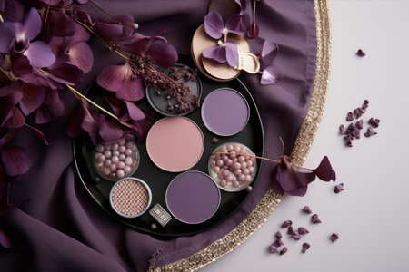 Beautiful cosmetic products with orchid flowers on table, top viewの素材