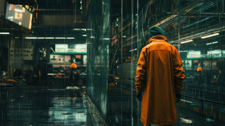 Man in raincoat and raincoat in the city at night.の素材