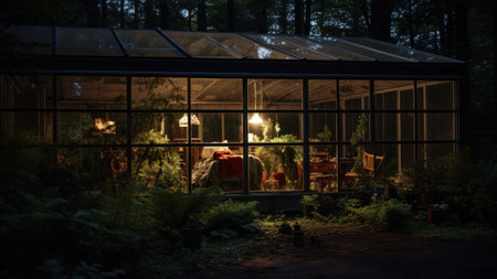 Greenhouse in a dark forest at night. 3d rendering.の素材