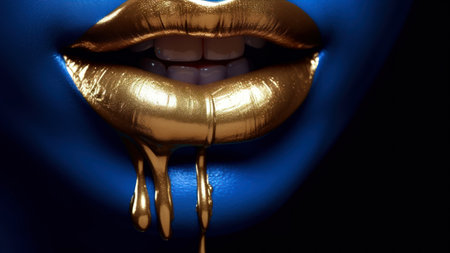 Close-up of beautiful female lips with golden lipstick on blue backgroundの素材