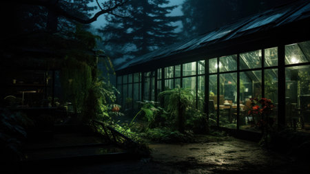Greenhouse in the forest at night. Night scene. 3D renderingの素材