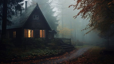 Old wooden house in the autumn forest with a path in the fogの素材
