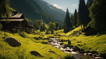 Beautiful mountain landscape with a wooden house in the middle of the valleyの素材