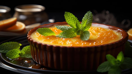 Creme brulee with orange and mint on black background, closeupの素材