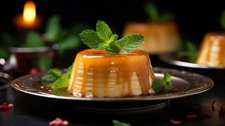 Delicious caramel pudding with mint on dark background, closeup viewの素材