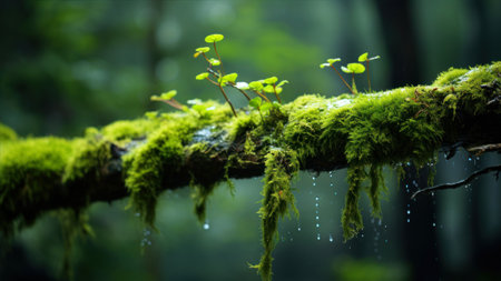 Green moss on the tree in the forest with bokeh backgroundの素材