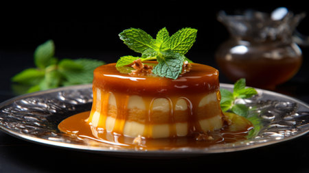 Caramel custard pudding with mint and caramel sauce on black backgroundの素材