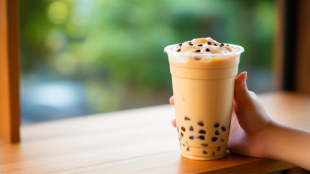 Iced Milk Tea with Bubbles in Plastic Cup on Wooden Tableの素材