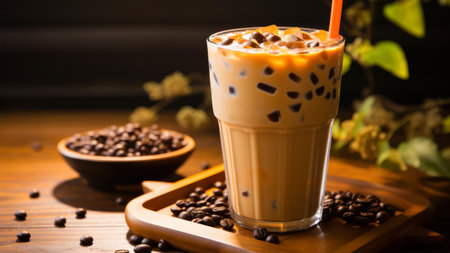 Iced Thai Milk Tea with Coffee Beans on Wooden Table Background.の素材