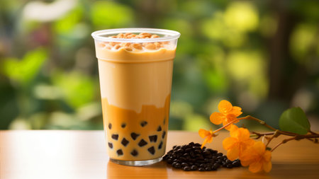 Iced Thai Milk Tea with Bubbles and Coffee Beans on Wooden Tableの素材
