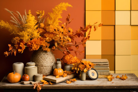 Still life with pumpkins, candles, books and autumn leaves on wooden tableの素材