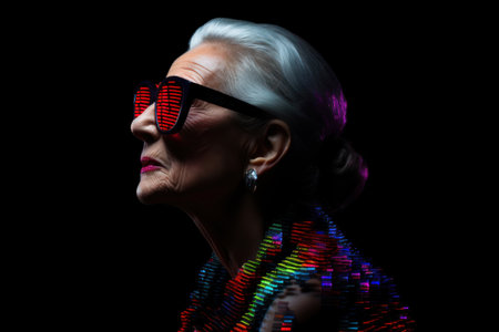 Portrait of beautiful senior woman in sunglasses on black background with glitch effectの素材