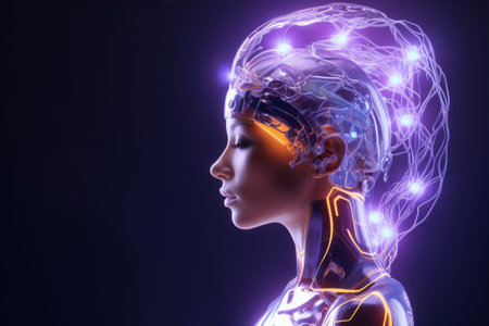 Digital illustration of female head with glowing brain in neon light. 3D renderingの素材