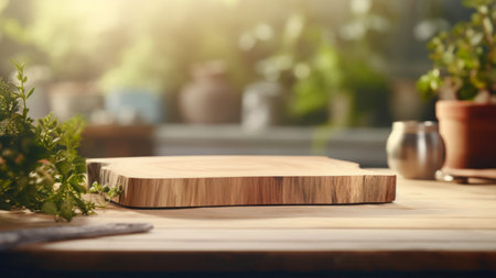 Wooden cutting board on a wooden table in a cozy kitchen.の素材