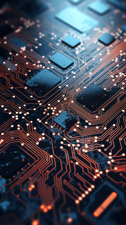 Circuit board close-up. Electronic computer hardware technology. Motherboard digital chip. Tech science background. Integrated communication processor.の素材