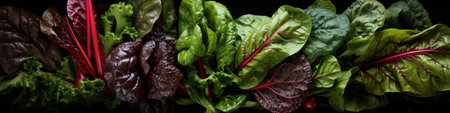 Variety of fresh organic leaves of chard, sorrel, beetroot, radicchio, arugula, asparagus, spinach on dark backgroundの素材