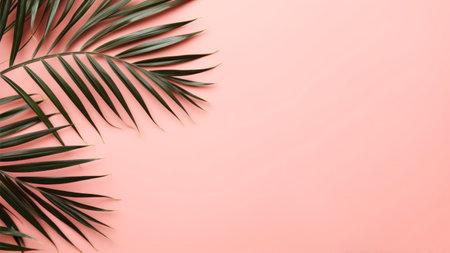 Tropical palm leaves on pink background. Flat lay, top view, copy spaceの素材