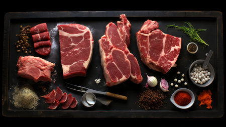 Raw pork meat with spices and herbs on black background, top viewの素材
