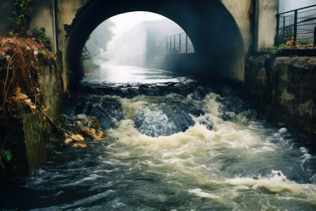 Water flowing through a dam in the middle of a small river.の素材
