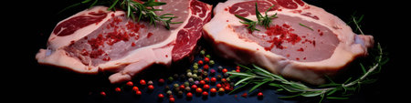 Raw pork steaks with rosemary and spices on black background.の素材